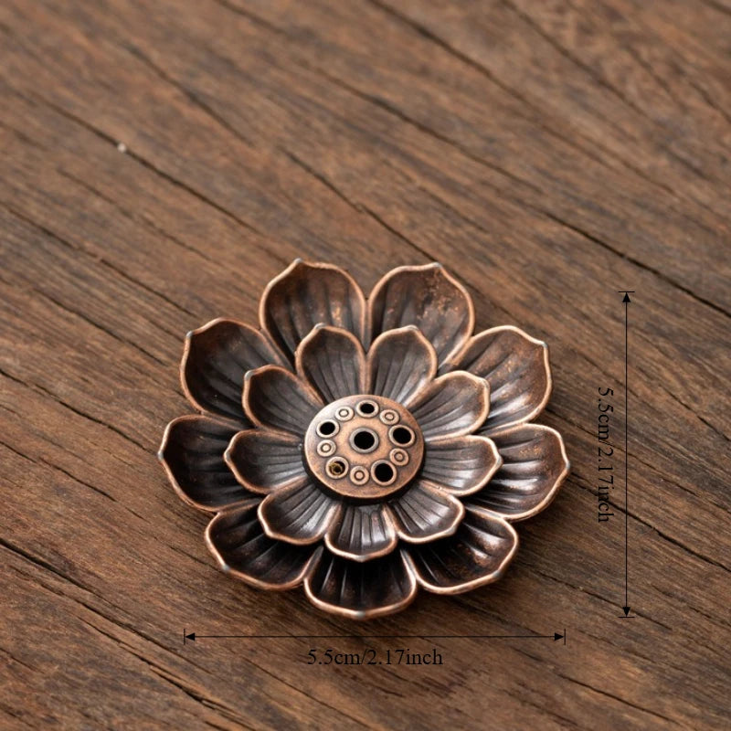 Copper Lotus Plate metal stick incense holder, maker size graphic shown