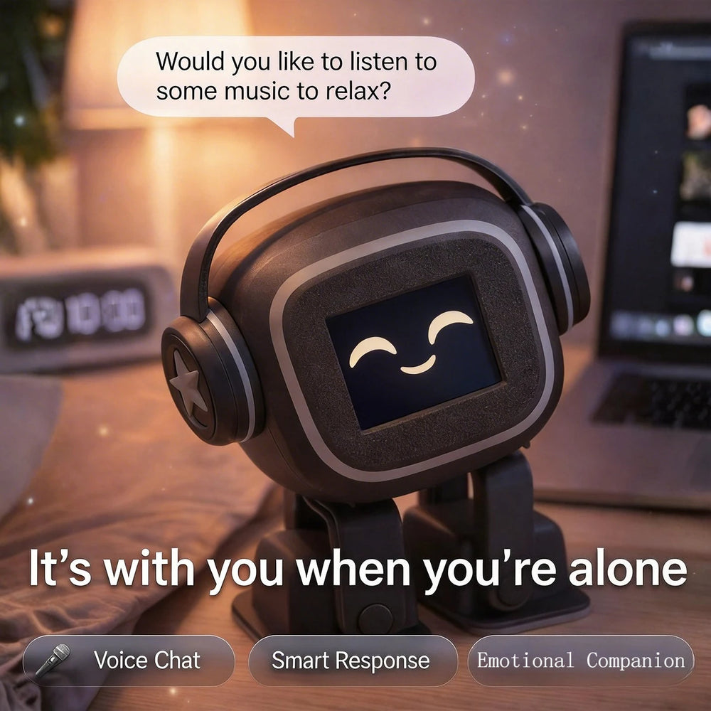 Black desk robot with a smiling screen face on a bedside table next to a laptop