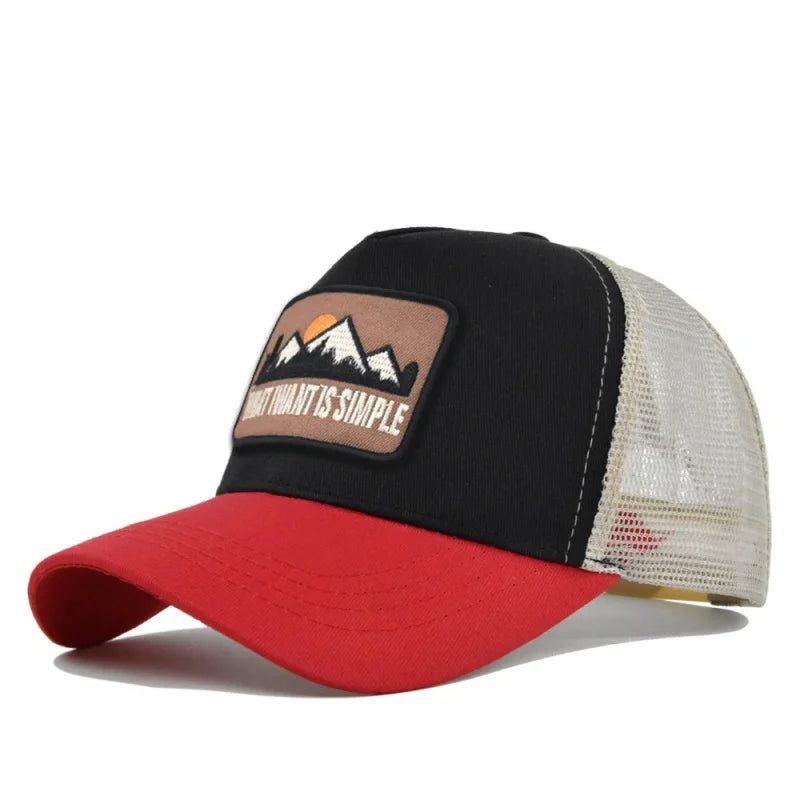 Black crown with red brim and cream mesh
