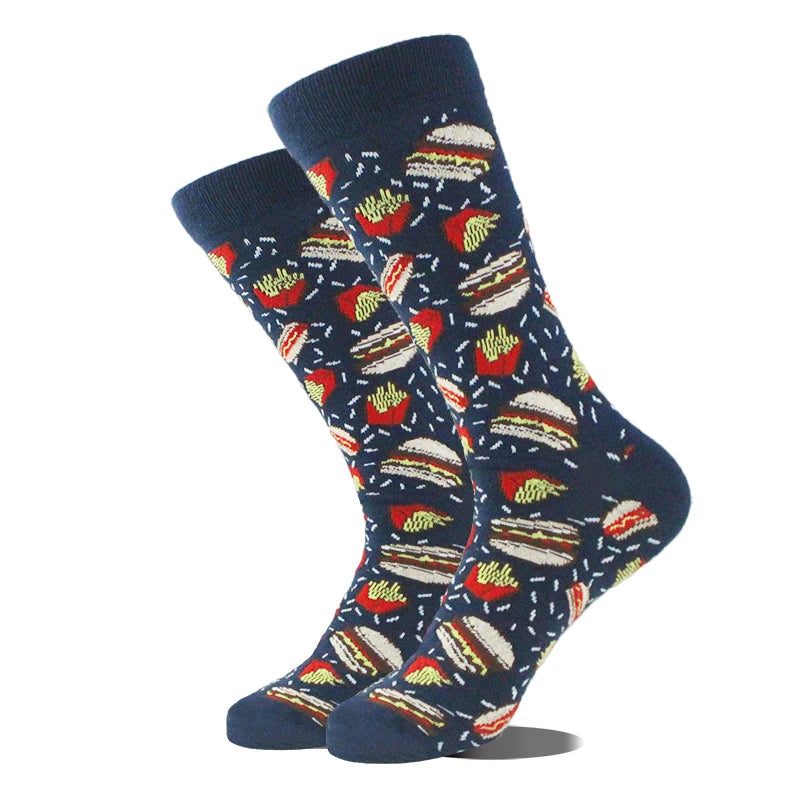 Funny novelty crew socks, burgers and fries navy design