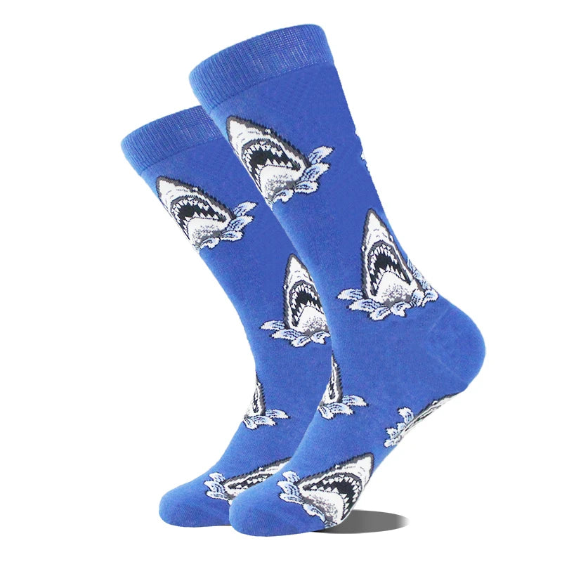 Funny novelty crew socks, shark heads blue design