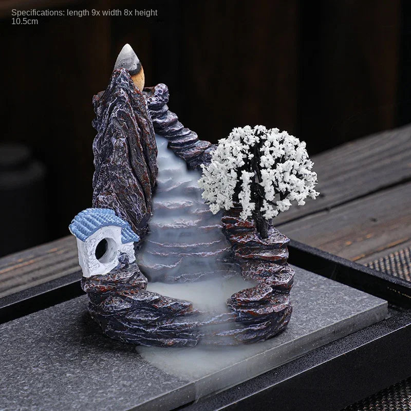 Blue cottage and white blossom incense burner, 10.5 cm tall