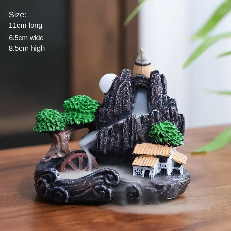 Waterwheel village incense burner with moon, 11 cm long and 8.5 cm tall