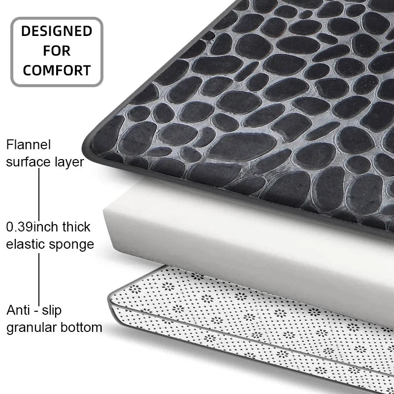 The maker's construction diagram: flannel surface layer, 0.39 inch elastic sponge core, granular anti-slip backing