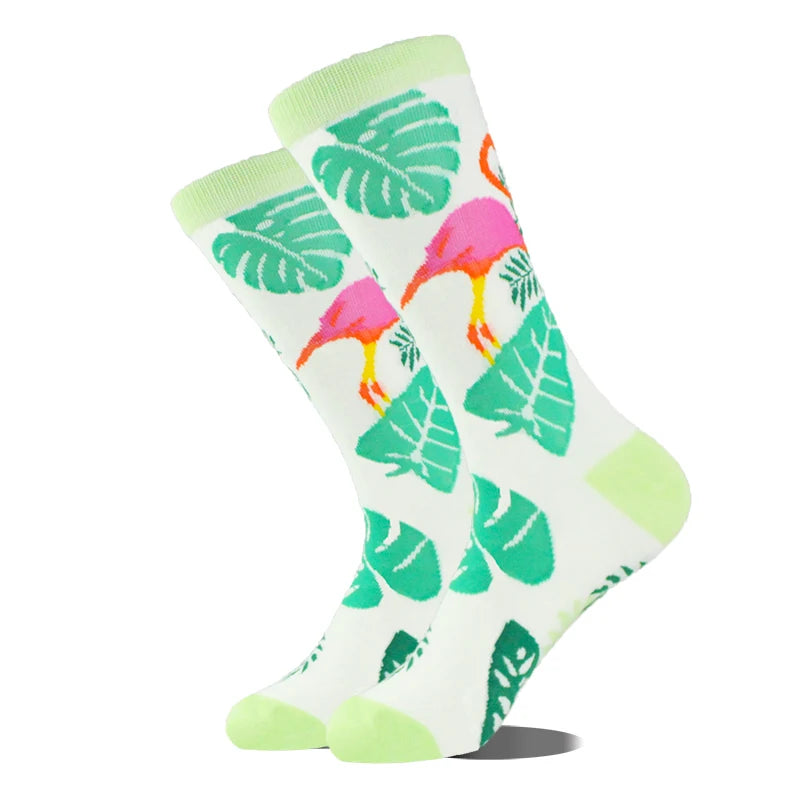 Funny novelty crew socks, flamingos and leaves design