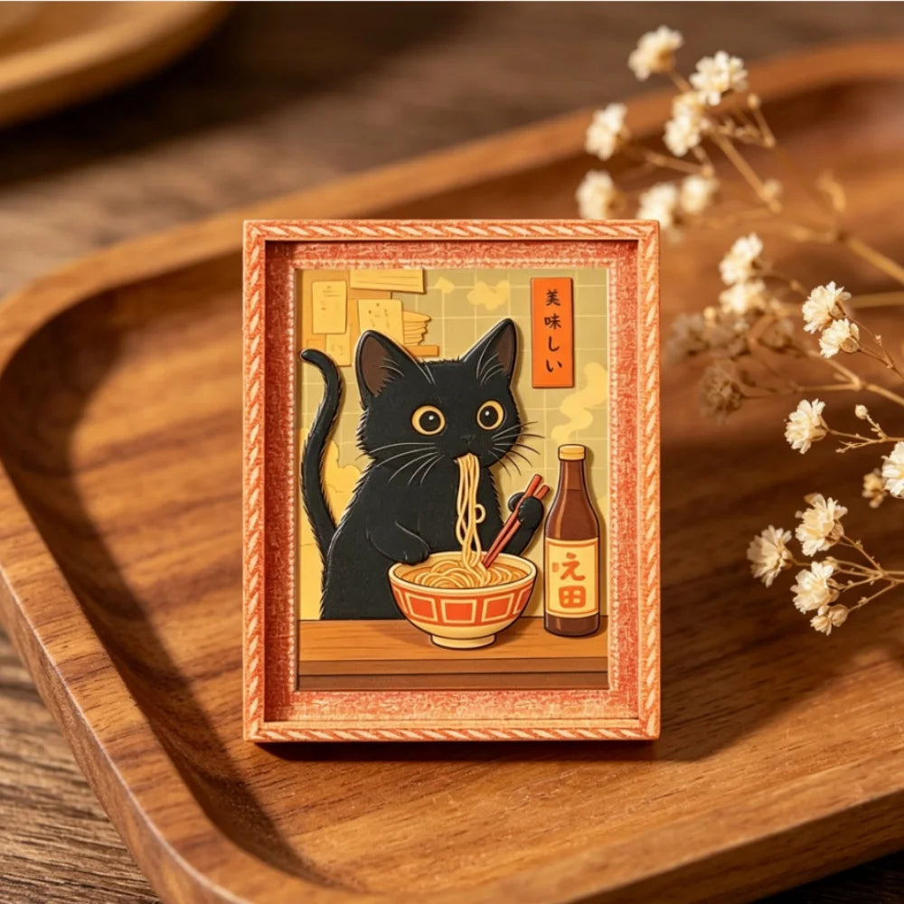 The framed cat magnet standing on a dark wooden tray beside a sprig of dried flowers