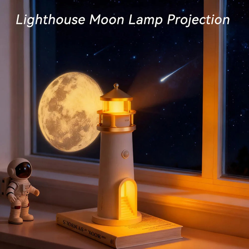 Composite marketing image of the lit lighthouse on a windowsill with a moon and comet added to the night sky behind it and a toy astronaut standing alongside