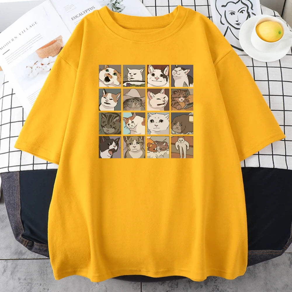 Yellow cotton tee with the sixteen cat faces grid print