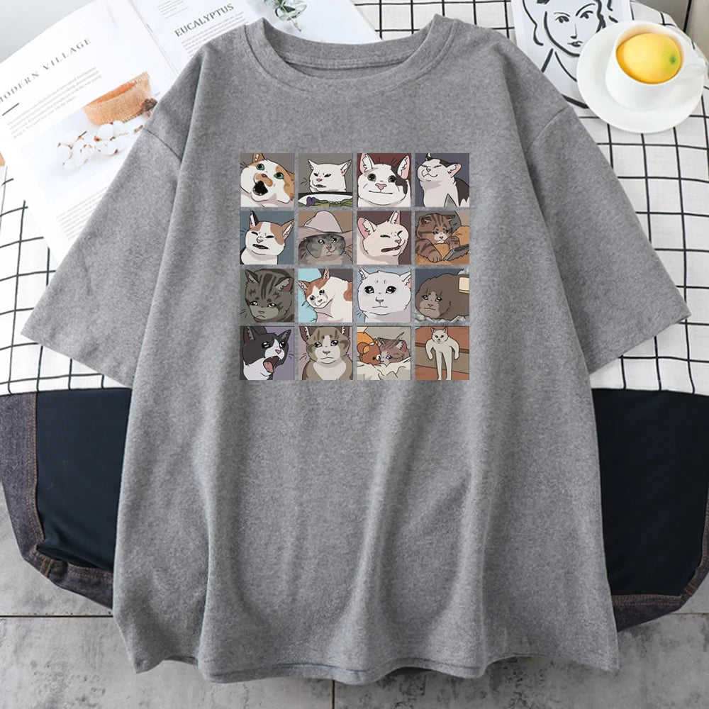Gray cotton tee with the sixteen cat faces grid print