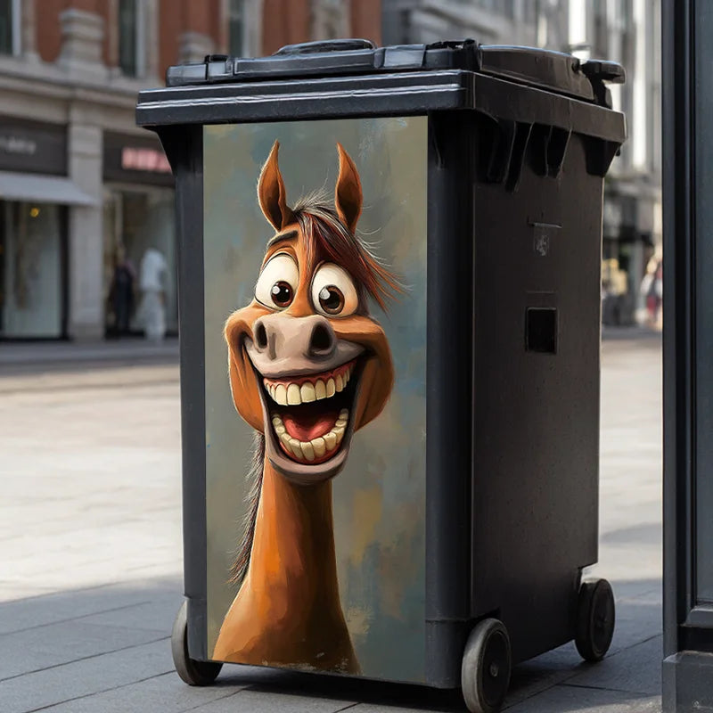The horse decal on a dark wheelie bin on a city street