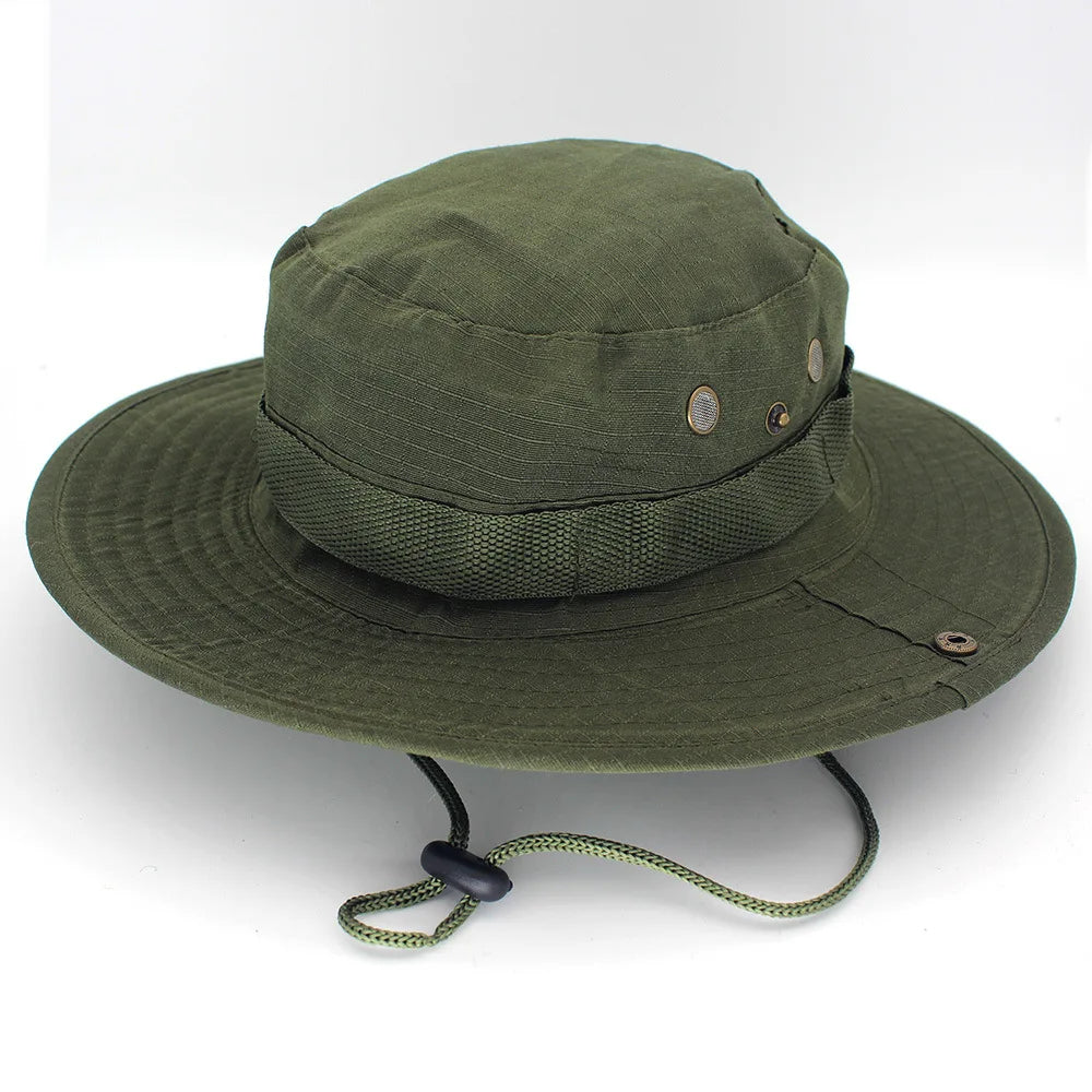 Plain olive green boonie hat with a webbing crown band