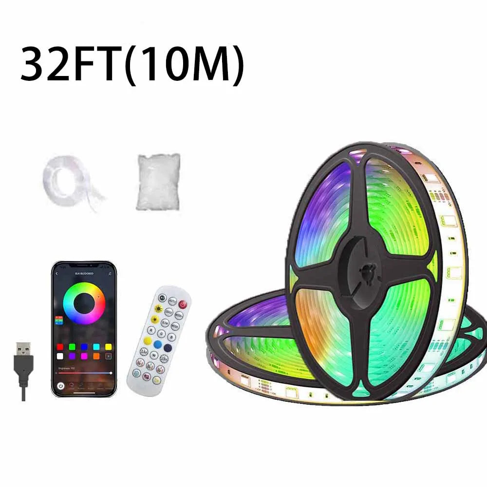The kit: 10 m LED strip reel, cotton, 24-key remote and phone app control