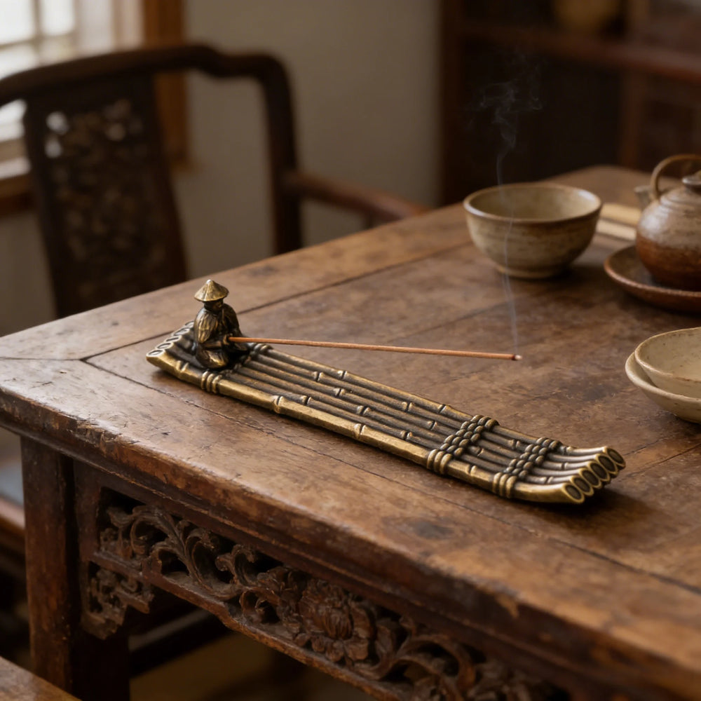 The raft holder on a carved wooden table beside a tea bowl