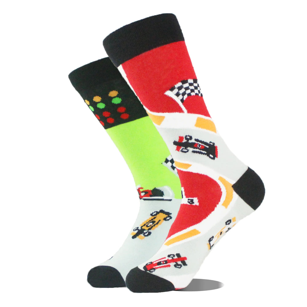 Funny novelty crew socks, race cars design