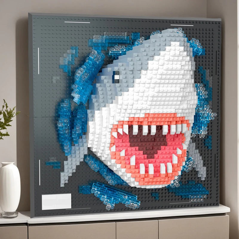 Close view of the brick shark panel leaning against a wall on a cream sideboard