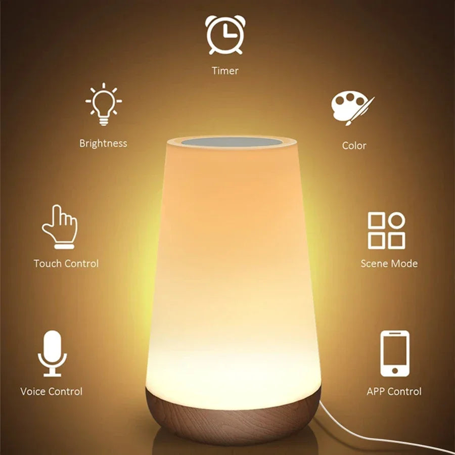 The lamp glowing warm amber, ringed by icons for timer, colour, brightness, scene, touch and app control