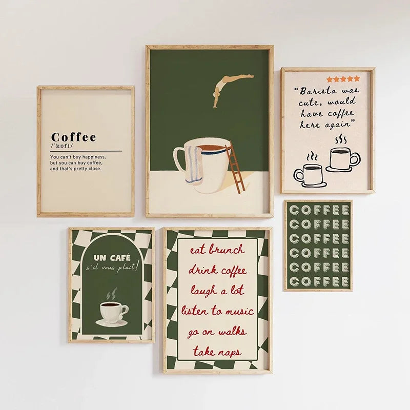 Mock-up of several coffee prints in frames arranged on a white wall