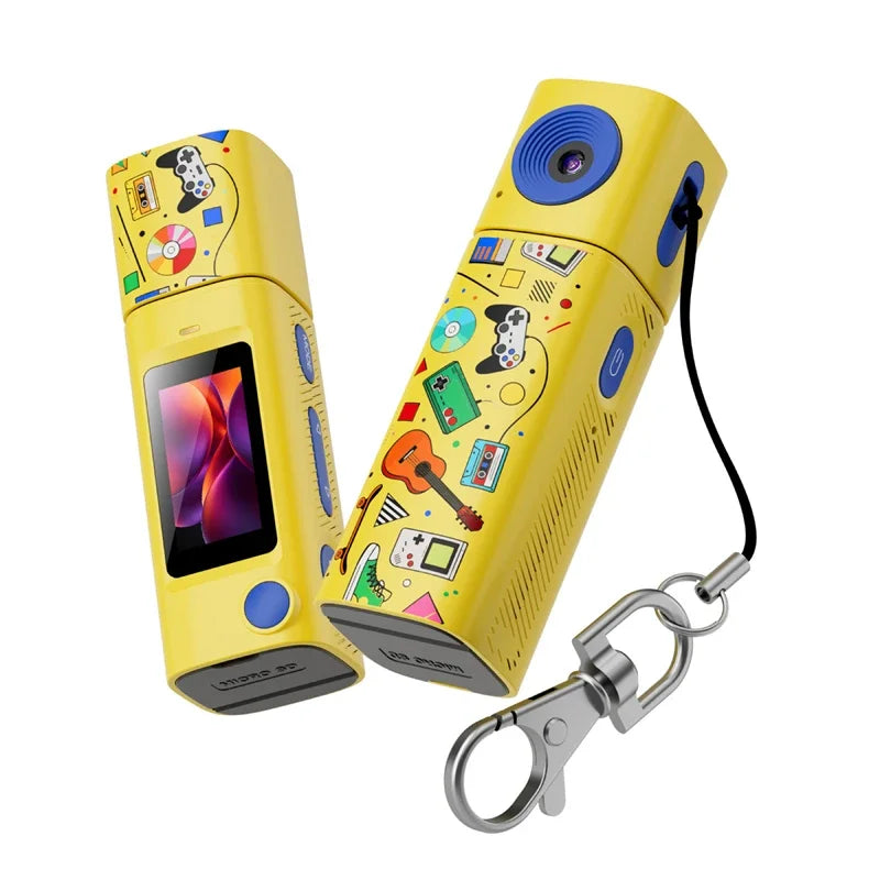 Yellow keychain mini camera with a gadget doodle print