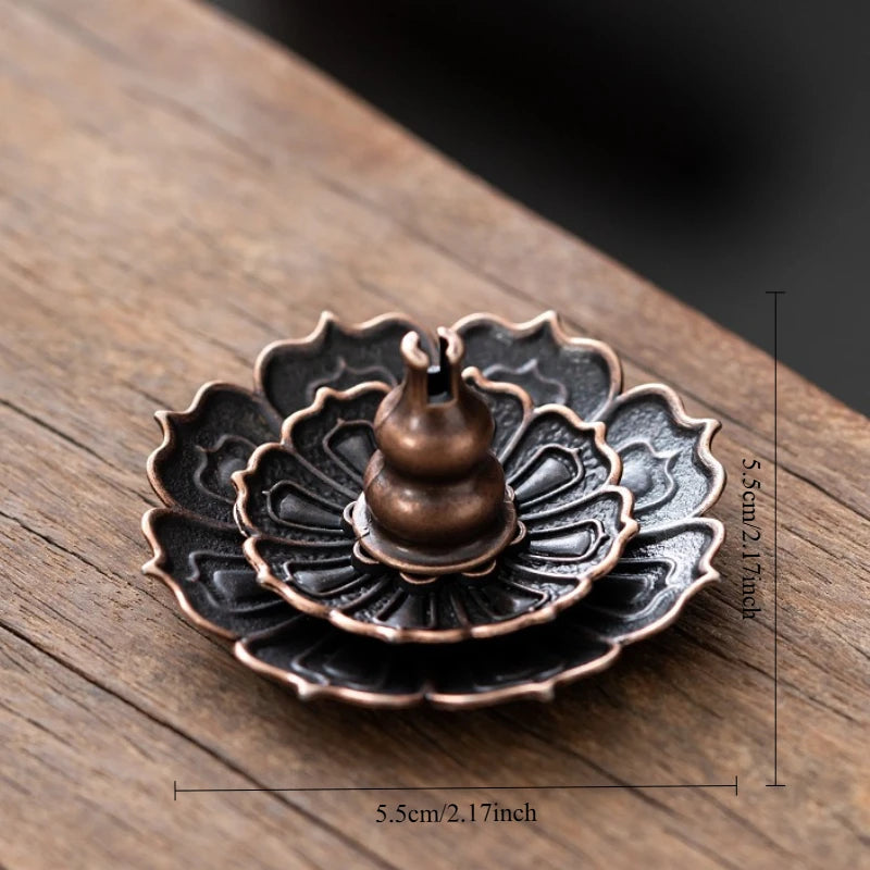 Black Lotus Dish With Gourd metal stick incense holder, maker size graphic shown