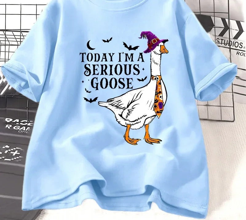Witch-hat goose slogan t-shirt in sky blue