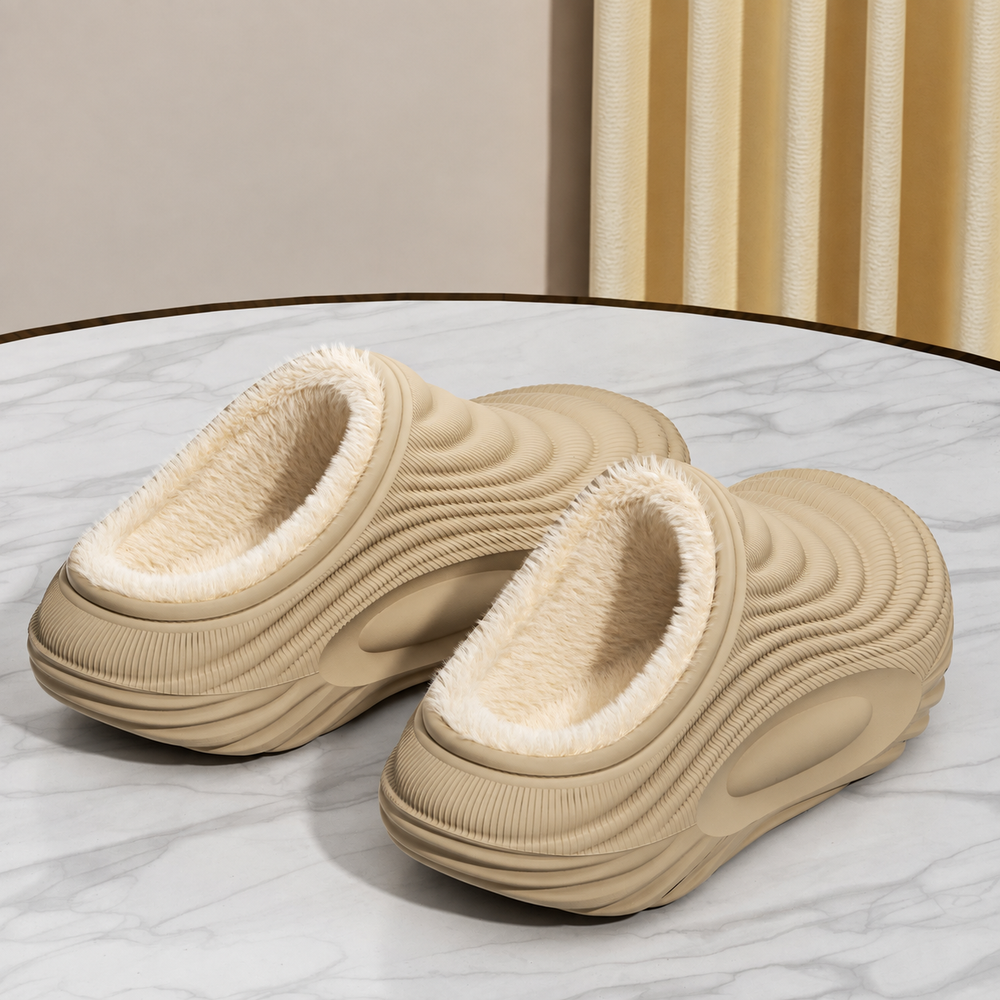Closed-Toe Waterproof Plush Slippers — Khaki