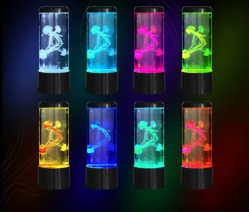 The same jellyfish lamp shown lit in each of its eight colours