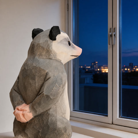 Hand-carved gray and white opossum desk figurine by a window