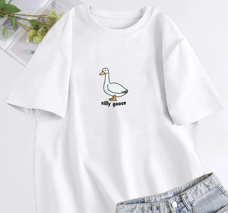 Silly goose slogan tee in white, chest print of a line-drawn goose