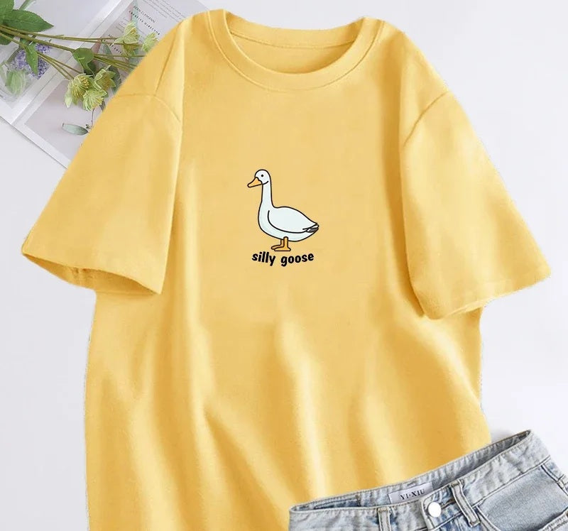 Silly goose slogan tee in yellow, chest print of a line-drawn goose