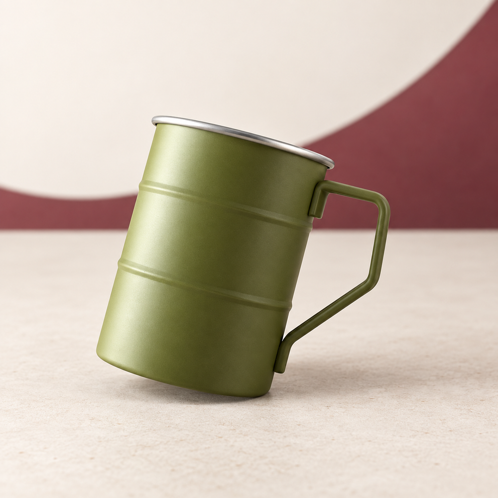 Military-Green Camping Mug on The Weird Store studio background