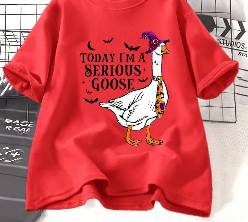 Witch-hat goose slogan t-shirt in red