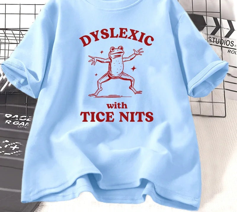 Dyslexic frog slogan t-shirt in sky blue