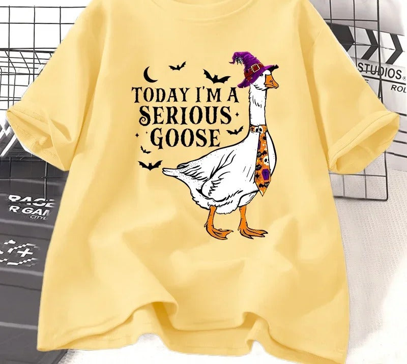 Witch-hat goose slogan t-shirt in yellow