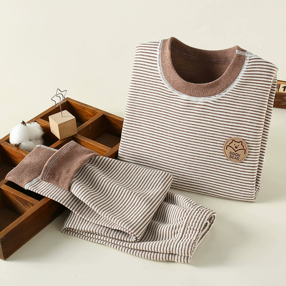 Kids Thermal Base Layer Set — Striped Coffee