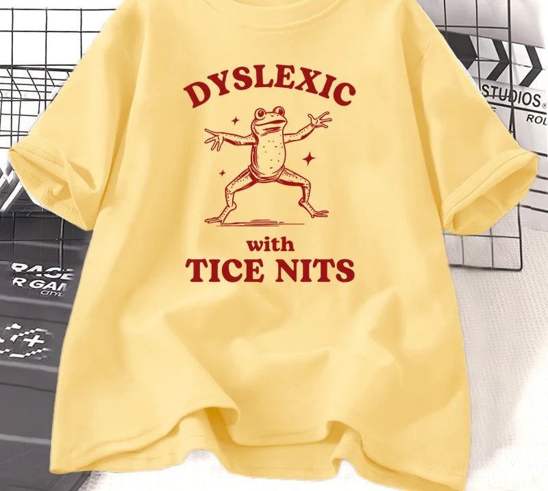 Dyslexic frog slogan t-shirt in yellow