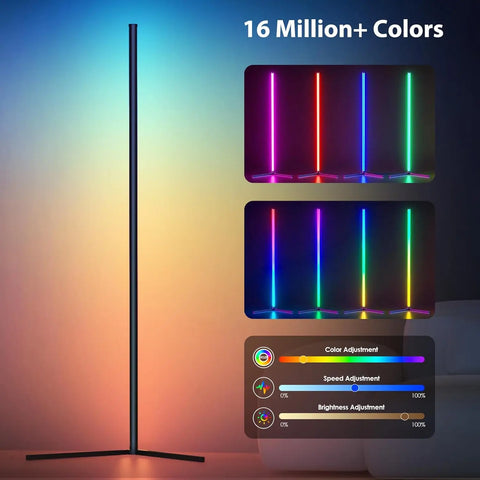Tall black corner floor lamp lit, shown beside its range of colours