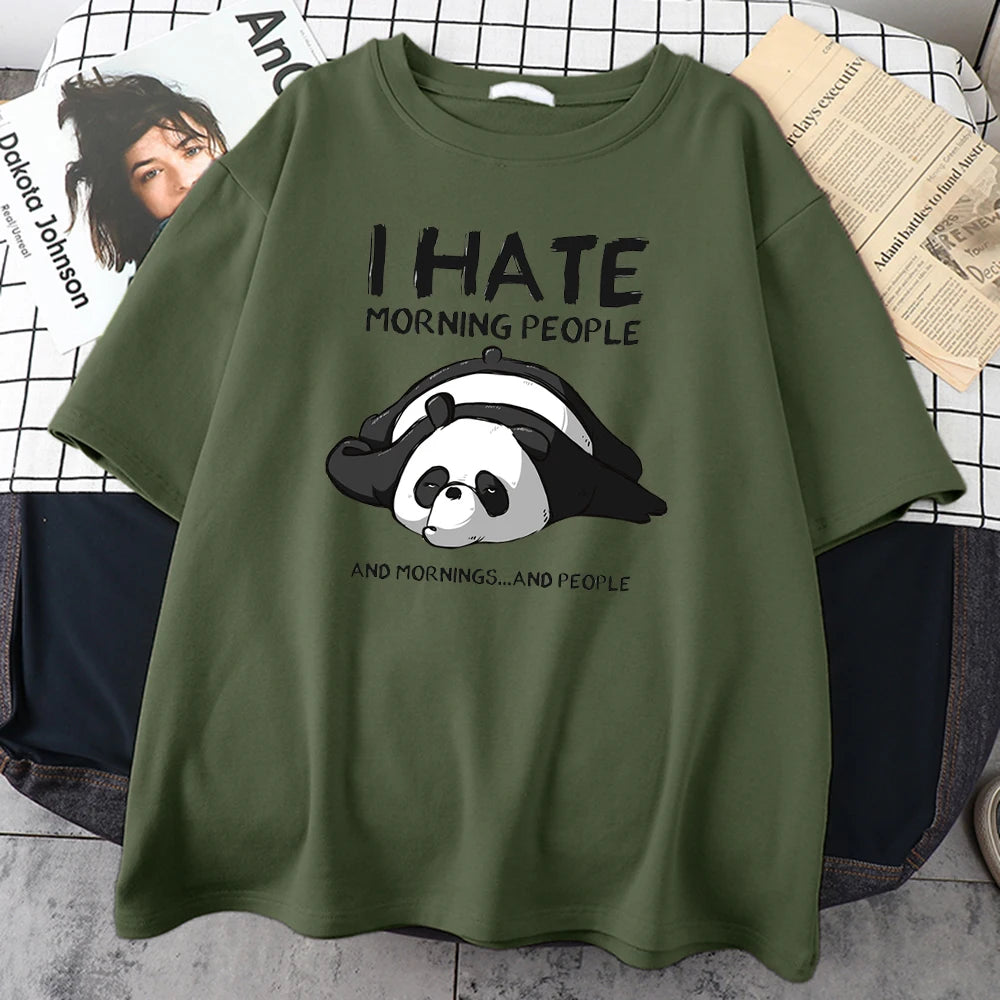 Dark green cotton tee printed with a sleeping panda and I Hate Morning People