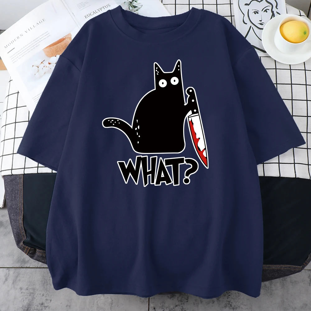 Navy cotton tee printed with a black cat holding a bloody knife above the word WHAT