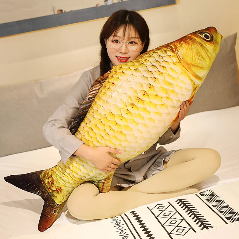 A person holding the 80 cm crucian carp; it reaches from their shoulder to their knee