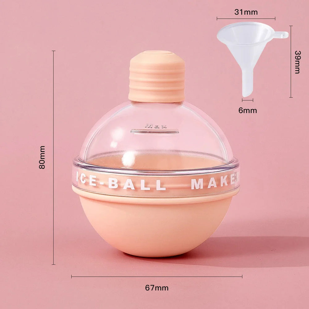 Pink ice ball mold with the maker dimension card, 80mm tall by 67mm wide, and the funnel measured 31mm across, 39mm tall, 6mm spout
