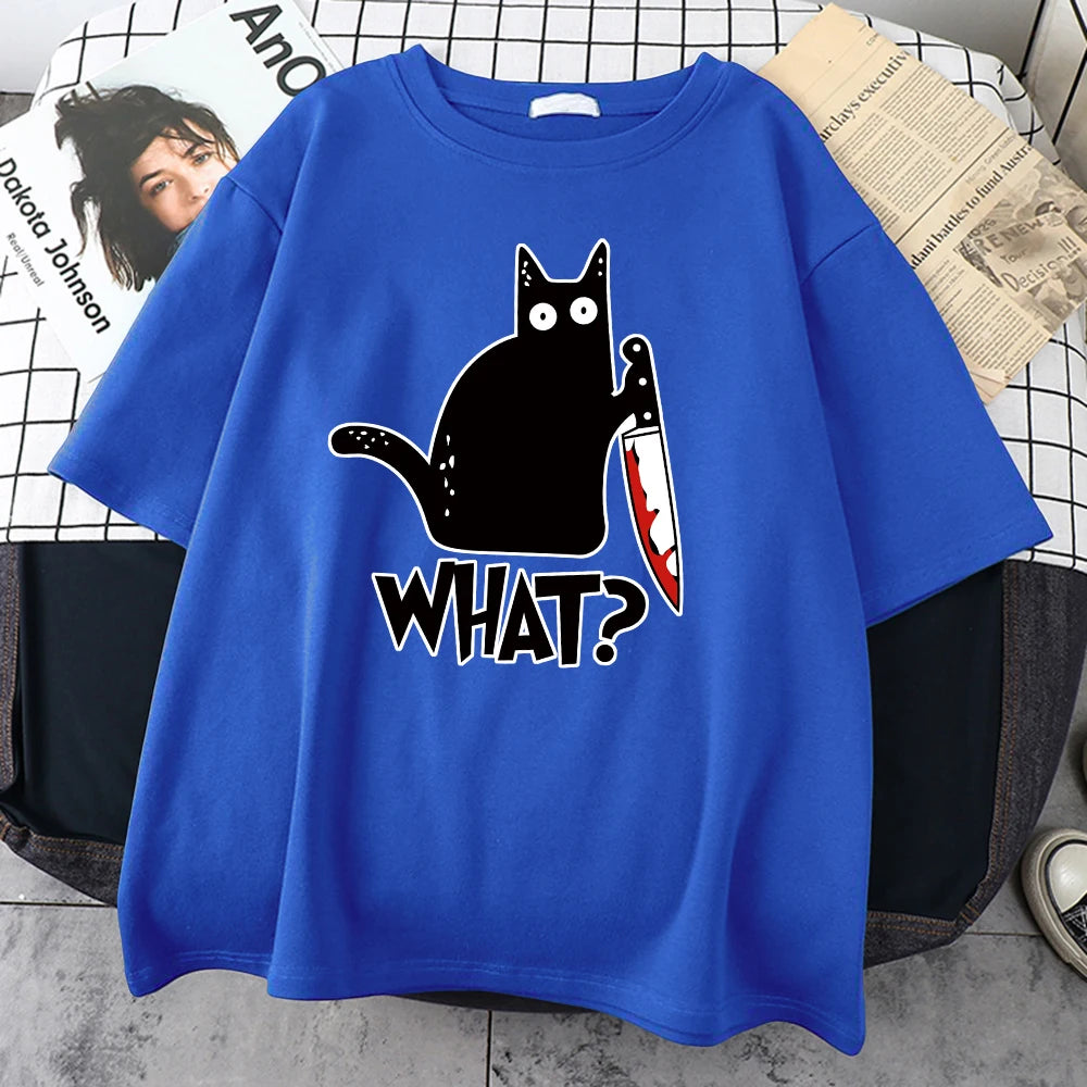 Royal blue cotton tee printed with a black cat holding a bloody knife above the word WHAT