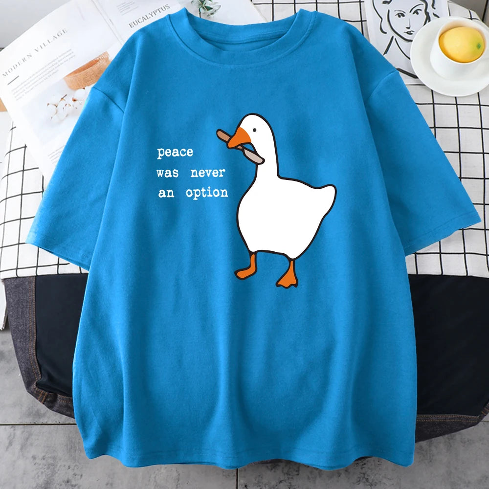 Light blue cotton tee with the white goose and slogan print