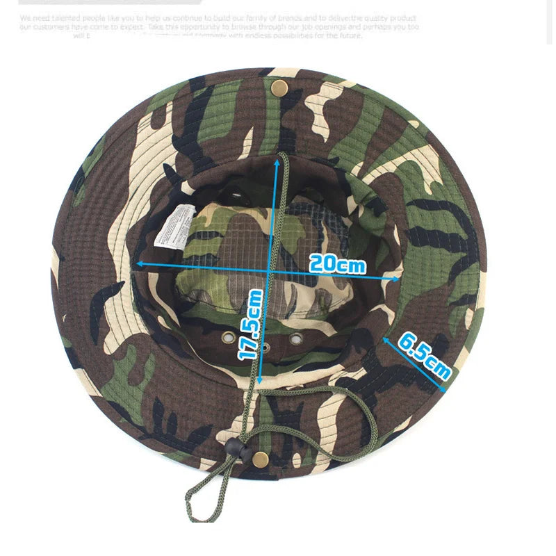 Woodland camouflage boonie hat with size callouts marked on the crown