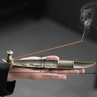 Fisherman Boat Copper metal stick incense holder, maker size graphic shown