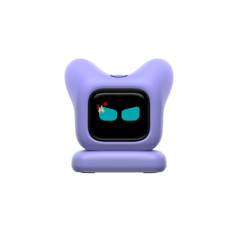 Purple desk robot with two soft ears and a black screen face showing teal eyes, on its moulded base