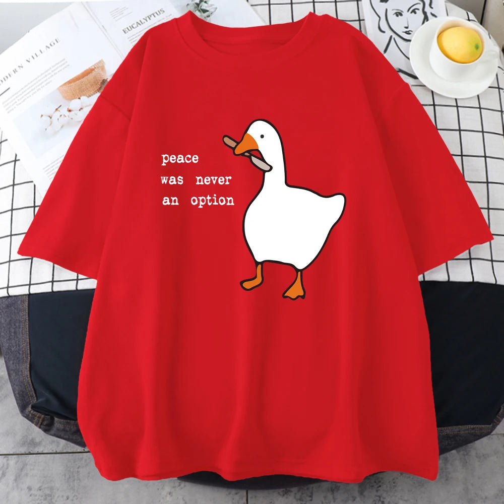 Red cotton tee with the white goose and slogan print