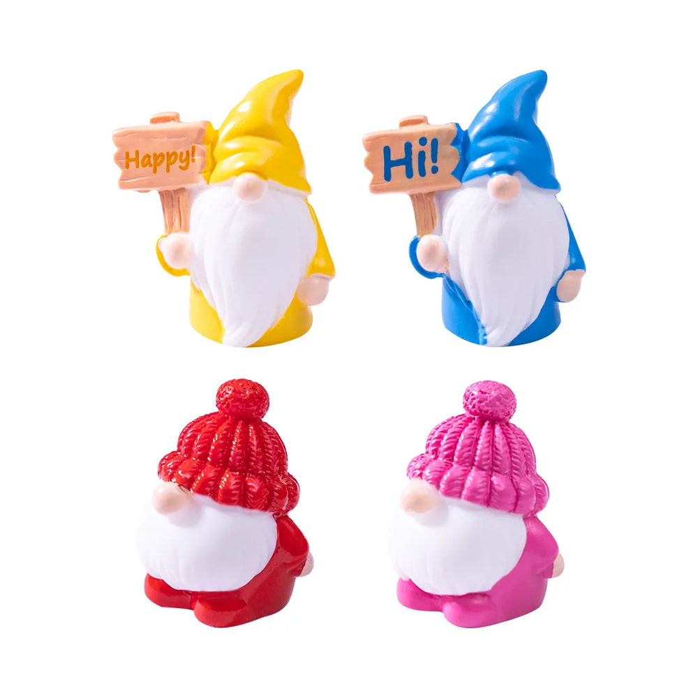 Four of the gnomes on a plain white background: a yellow pointed hat with a Happy sign, a blue pointed hat with a Hi sign, and two in knitted bobble hats holding nothing at all