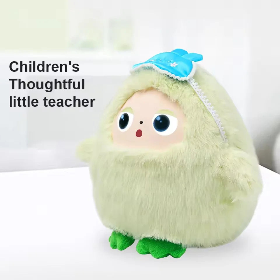 Pale green furry plush creature with a vinyl face, large round eyes, a blue bow on its head and green feet