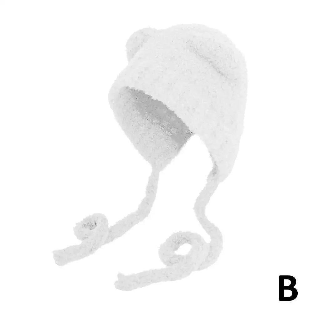 Ivory white bear ear beanie with long twisted tie flaps