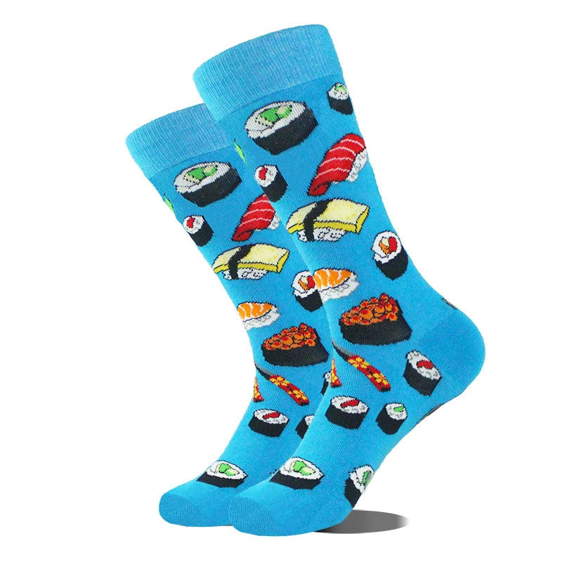 Funny novelty crew socks, sushi platter design